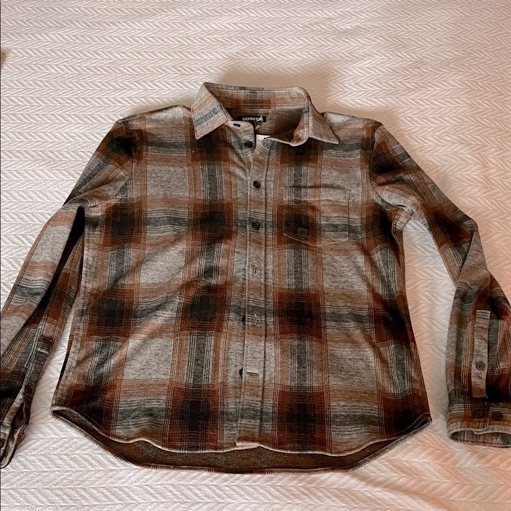 Express Men’s Gray & Brown Plaid Button-Up Shirt